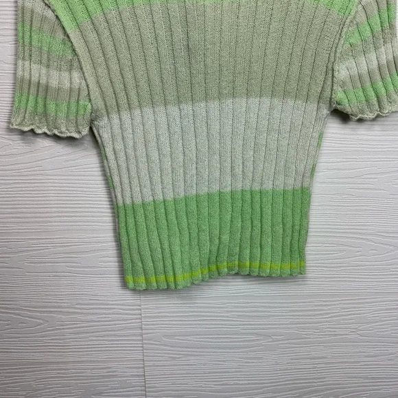 Free People Green White Collared Striped Button-Up Knit Top Flirt Cardi - Picture 8 of 8